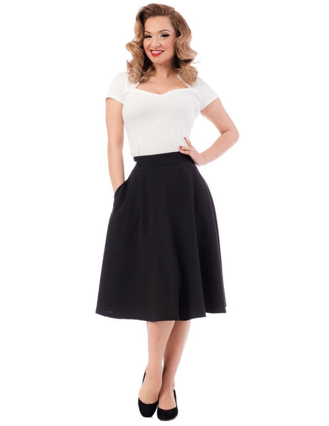 black high waist swing skirt pockets, shown on model