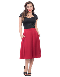 red high waist knee-length full swing circle skirt with pockets, shown on model