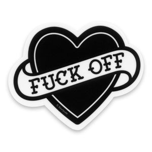 classic tattoo flash style banner heart 3" die-cut vinyl sticker in black with "FUCK OFF" on the white banner