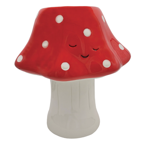 7" red & white toadstool mushroom shaped ceramic planter with closed eyes smiling face