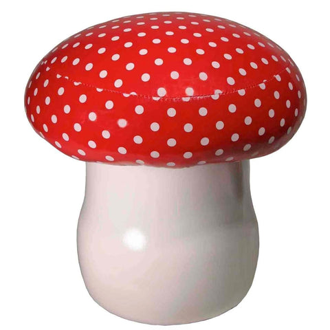 14" tall red & white dot cushioned seat with white vinyl stalk toadstool mushroom shaped stool