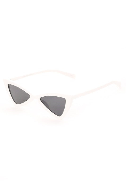 White plastic frame triangle shaped cat eye sunglasses with black smoke lens