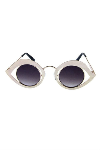 gold metal eye-shaped sunglasses with gradient smoke circular lens