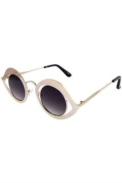gold metal eye-shaped sunglasses with gradient smoke circular lens