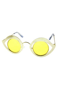 gold metal eye-shaped sunglasses with yellow circular lens