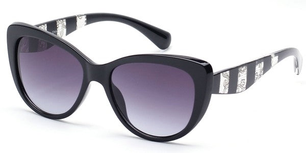 rounded cat eye black plastic frame sunglasses with striped black & clear lace pattern arms and gradient smoke lens