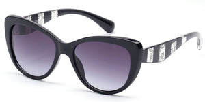 rounded cat eye black plastic frame sunglasses with striped black & clear lace pattern arms and gradient smoke lens