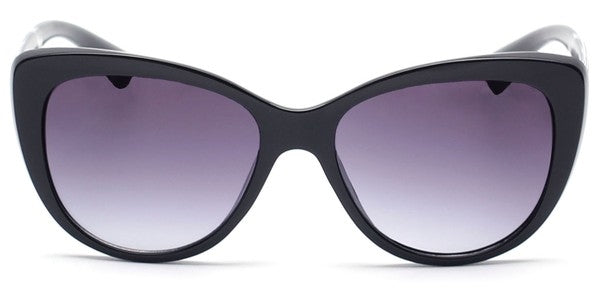 rounded cat eye black plastic frame sunglasses with striped black & clear lace pattern arms and gradient smoke lens