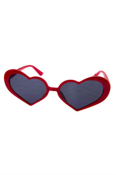red plastic frame dark smoke lens heart-shaped cat-eye sunglasses