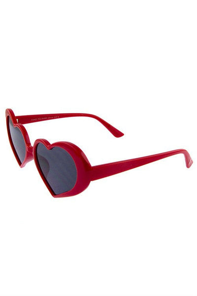 red plastic frame dark smoke lens heart-shaped cat-eye sunglasses