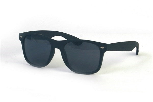 Matte black Wayfarer style plastic frame sunglasses with soft touch feel and smoke lenses
