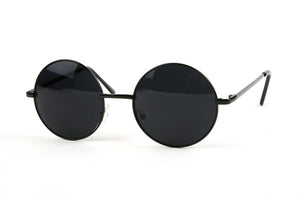 2 1/8" diameter round metal frame sunglasses in black with dark smoke lens