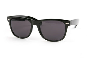 black Wayfarer style shiny plastic frame sunglasses with smoke lenses