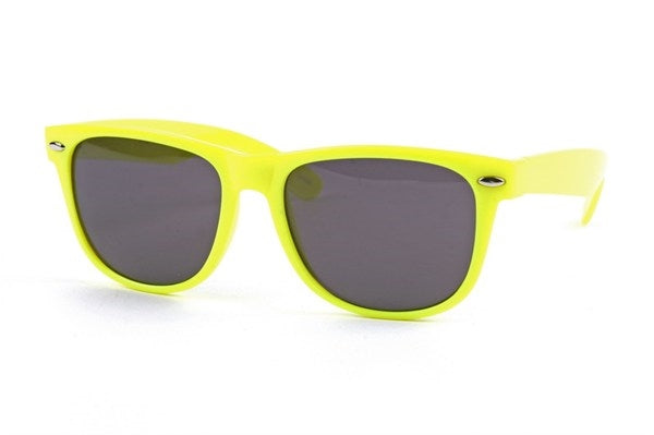 Yellow Wayfarer style shiny plastic frame sunglasses with smoke lenses