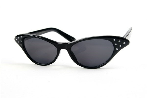 Black smoke lens 50s style cat eye plastic frame sunglasses with rhinestones