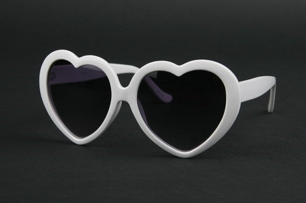 white plastic frame heart-shaped sunglasses with gradient smoke lenses