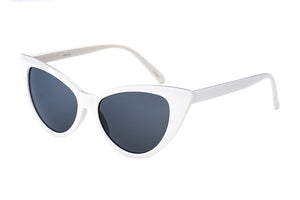 white plastic frame pointy cat-eye shaped sunglasses with black smoke lens