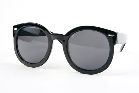 thick black circular frame sunglasses with smoke lens