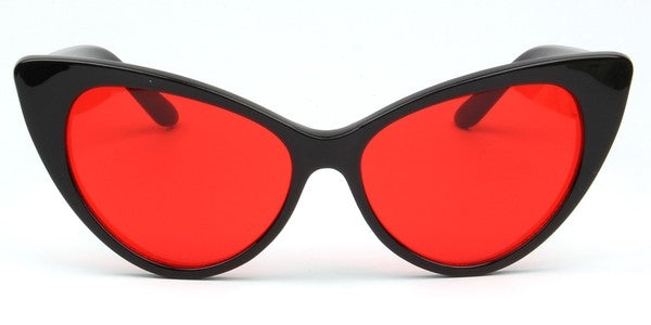 black plastic frame pointy cat-eye shaped sunglasses with bright red lens