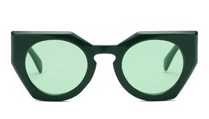 green plastic frame angular geometric shaped cat eye sunglasses with round green lens