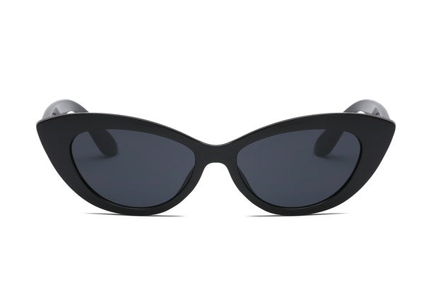 retro style cat-eye sunglasses with black plastic frames and smoke lens and measuring 6" wide and 1 3/4" high