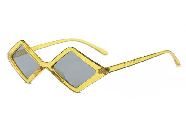 translucent yellow plastic frame angular diamond shaped cat eye sunglasses with black smoke lens 
