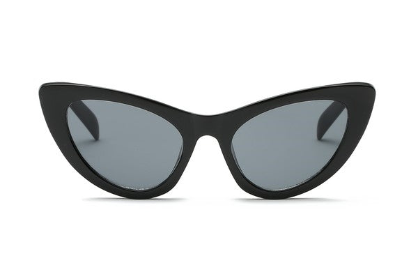 retro style cat-eye sunglasses high bridge black frames and smoke lens and measure 5 1/2" wide and 1 1/2" high