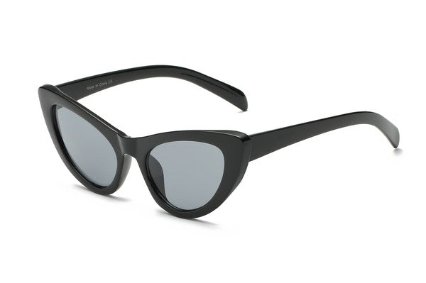 retro style cat-eye sunglasses high bridge black frames and smoke lens and measure 5 1/2" wide and 1 1/2" high