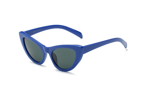 retro style cat-eye sunglasses high bridge royal blue frames and smoke lens and measure 5 1/2" wide and 1 1/2" high