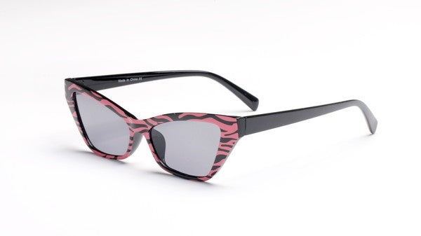 pink & black tiger print angled cat eye sunglasses with black arms and smoke lens