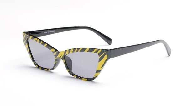 yellow & black tiger print angled cat eye sunglasses with black arms and smoke lens