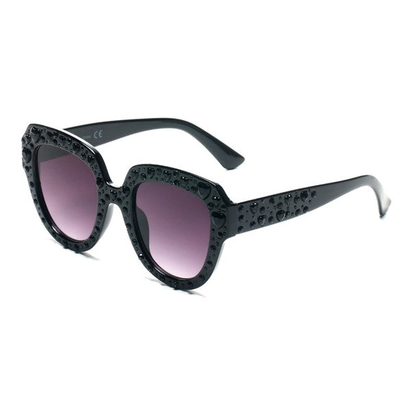 black plastic frame sunglasses with jewel heart pattern and gradient smoke lens