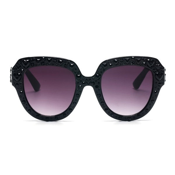 black plastic frame sunglasses with jewel heart pattern and gradient smoke lens