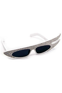 shiny white plastic frame rhinestone embellished asymmetrical "Hollywood" style sunglasses with smoke lens