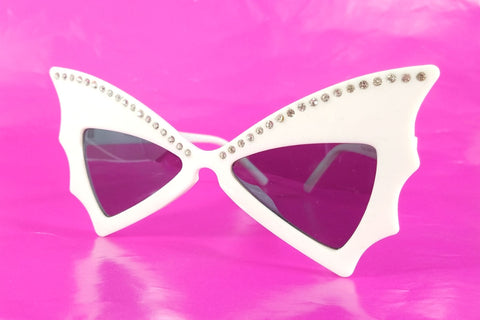 shiny white plastic frame rhinestone embellished batwing shaped sunglasses with dark smoke lens
