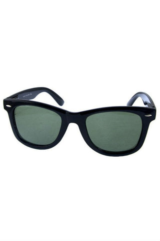 Black Wayfarer style shiny plastic frame sunglasses with smoke lenses