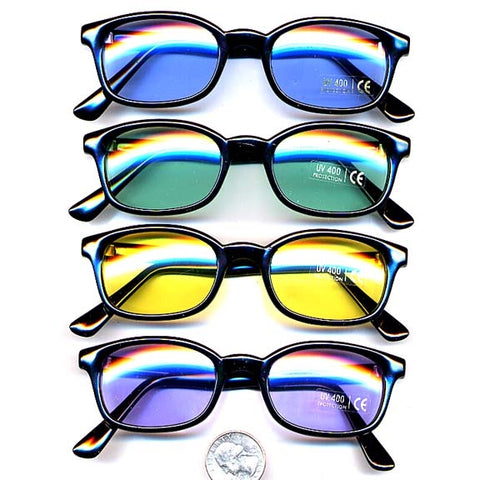 KD Style black plastic frame sunglasses, showing blue, green, yellow, and purple lens options