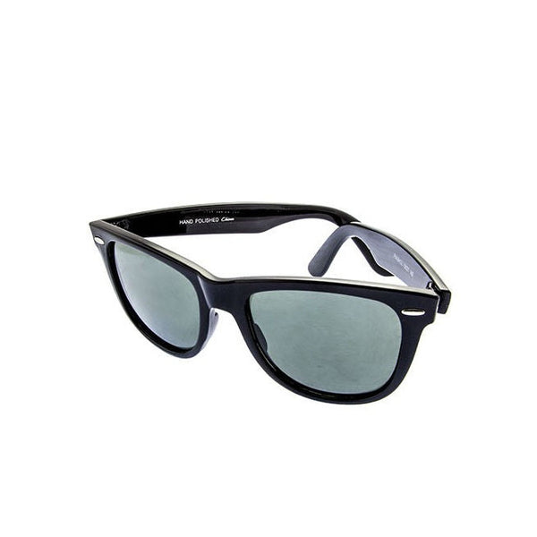 shiny black Wayfarer style plastic frame sunglasses with dark smoke lens