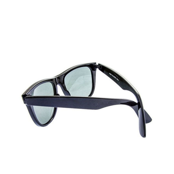 shiny black Wayfarer style plastic frame sunglasses with dark smoke lens, shown 3/4 back view