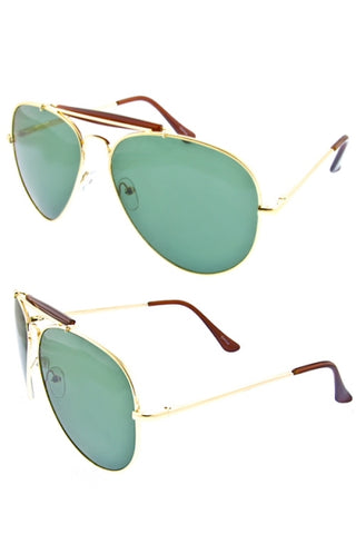 gold metal frame aviator style sunglasses with green lens