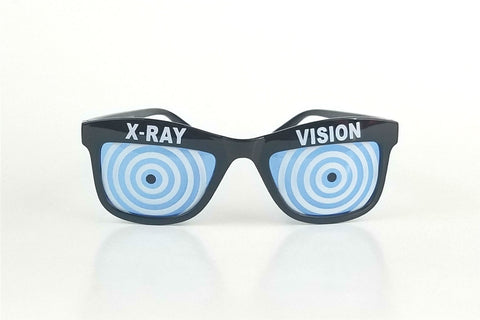 blue white concentric circle pattern lens "x-ray vision" novelty black plastic frame sunglasses