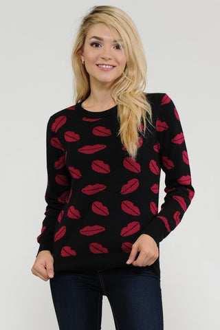 black and metallic berry red allover lips print knit in design crew neck pullover sweater, shown on model