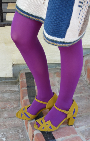 80 denier matte finish intense purple opaque pantyhose tights, shown on model