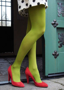 80 denier matte finish bright "kermit-y" pear green opaque pantyhose tights, shown on model