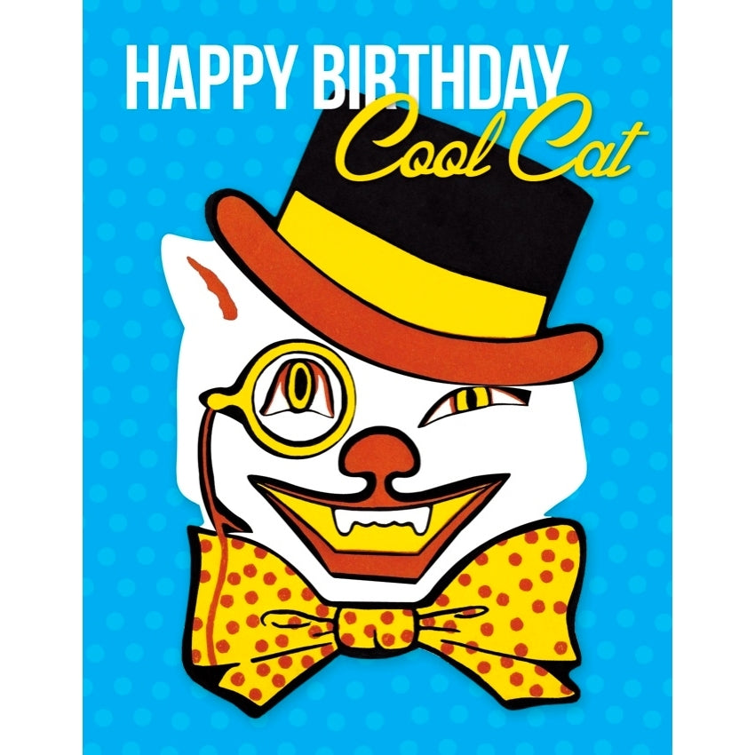 4.25" x 5.5" greeting card featuring "Happy Birthday Cool Cat" text with illustrated white cat in monocle, top hat, and polka dot bow tie against blue background