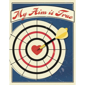 4.25" x 5.5" card My Aim is True text heart bullseye dartboard illustrated image