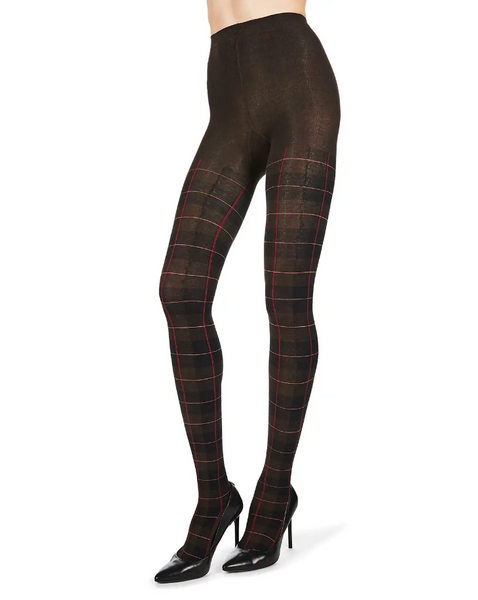 sweater knit tights in a heathered brown background plaid with black, berry red, and ochre, shown on model