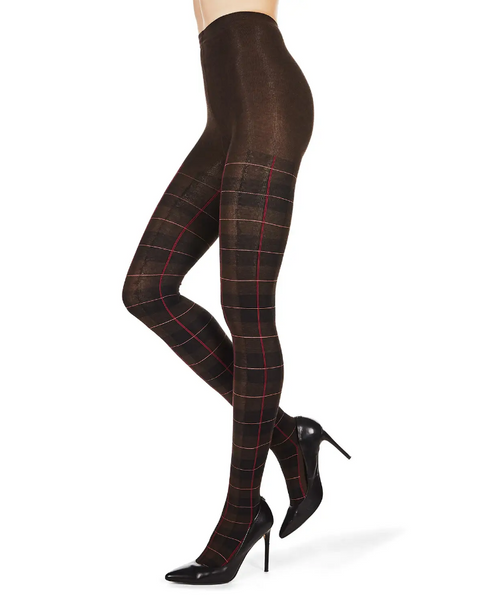 sweater knit tights in a heathered brown background plaid with black, berry red, and ochre, shown on model