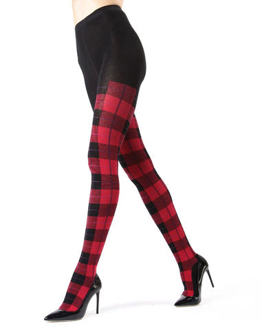 sweater knit tights in a black background plaid with red and bright and dark purples, shown on model