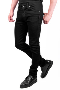 black slim fit stretch denim men's sizing Trash Jeans by Tripp NYC, shown on model